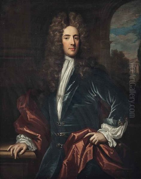 Portrait Of A Gentleman, Half-length, In A Blue Coat With Buckles And A Red Wrap, By A Table, A Park Landscape Beyond Oil Painting by John Closterman