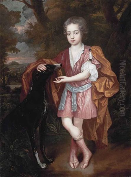 Portrait Of A Boy, Full-length, In Classical Dress, With A Greyhound, A Wooded Landscape Beyond Oil Painting by John Closterman