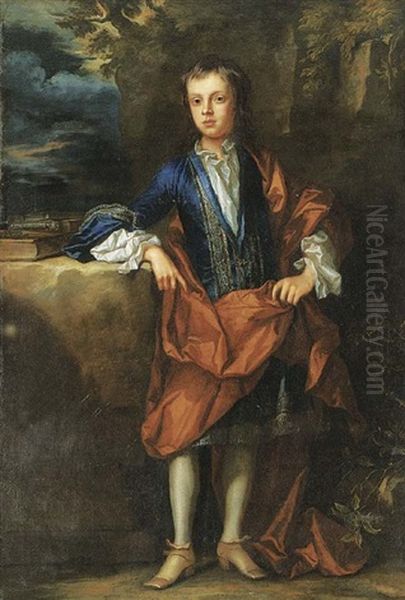 Portrait Of A Boy (marquess Of Blandford?) In A Blue Coat With Silver Embroidery And A White Shirt, With An Orange Wrap, Leaning On A Stone Ledge, In A Landscape Oil Painting by John Closterman