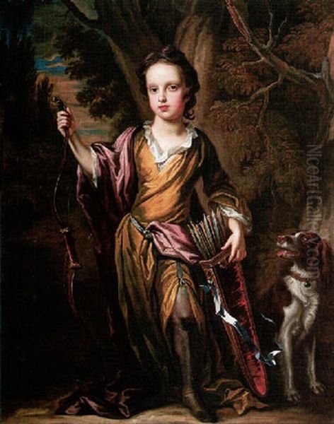 Portrait Of David Papillon In A Landscape, With A Hound, Wearing Yellow And Red Robes, Holding A Quiver Of Arrows And A Bow Oil Painting by John Closterman