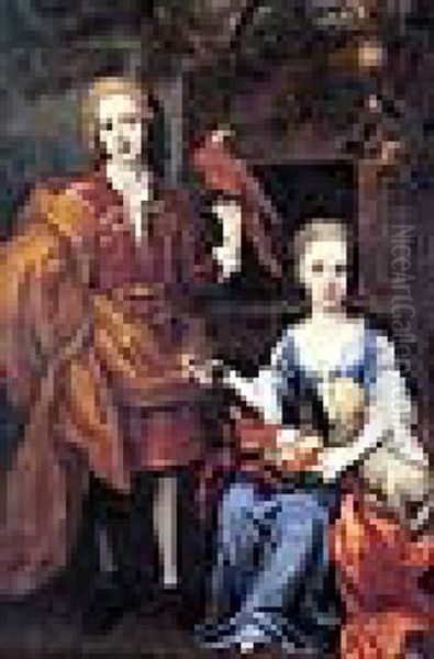 Portrait Of Francis Wyse Wearing A Red Coat And Brown Cloak, And His Sister Catherine Wearing A Blue Dress With A Lamb Oil Painting by John Closterman