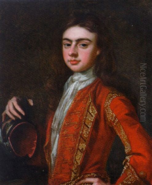 Portrait Of Bacon Morris In A Gold-embroidered Red Coat, Resting His Hand On A Helmet Oil Painting by John Closterman