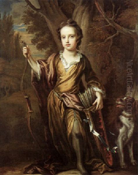 Portrait Of A Young Boy (master David Papillon?) Standing In A Landscape Holding A Bow, A Spaniel Nearby Oil Painting by John Closterman