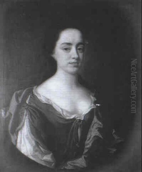 Portrait Of Elizabeth Fagg, Half Length, In A Brown Dress,  White Chemise And Collar And A Blue Cloak Oil Painting by John Closterman