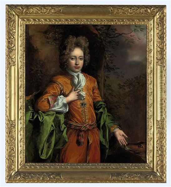 Portrait Of A Boy In Eastern Dress, In A Wooded Landscape, With A Hound Oil Painting by John Baptist Closterman