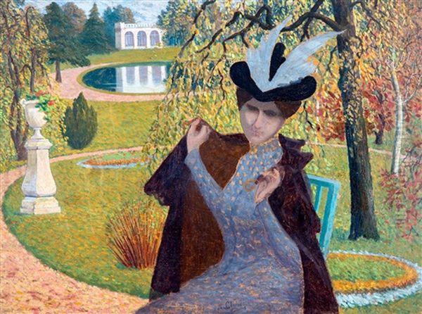 Elegante A La Cape' / An Elegant Lady On A Park Bench Oil Painting by Albert Clouard