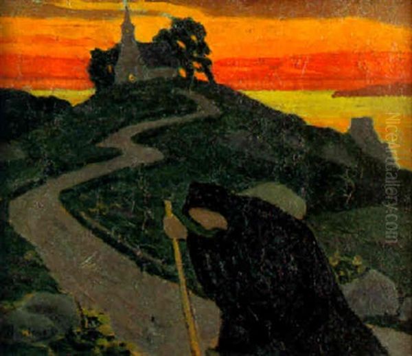 La Montee Vers La Lumiere, Pour La Vieille Femme Au Sentier Vers L'eglise Oil Painting by Albert Clouard