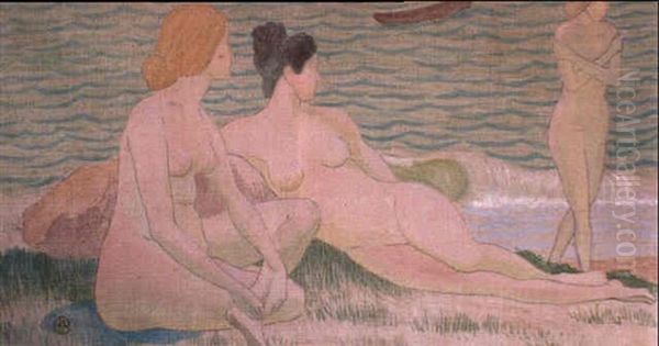 Les Trois Baigneuses Pres Du Rivage by Albert Clouard