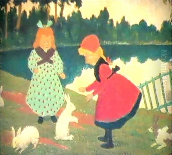 Les Fillettes Aux Lapins Oil Painting by Albert Clouard