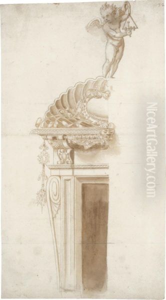 An Ornamental Design For A Doorway With A Putto Playing A Triangle Oil Painting by Ippolito Andreasi