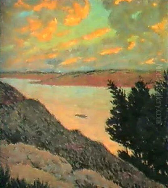 Rocher Et Mer Au Crepuscule, Rose, Bosquet A Droite Oil Painting by Albert Clouard