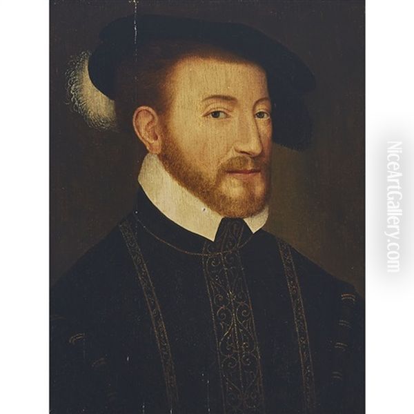 Portrait Of A Middle-aged Nobleman, Head-and-shoulders  With Blonde Hair, Short Cut Whiskers, Wearing A Black Beret Cap With White Feather Against A Dark Brown Background, The Sitter