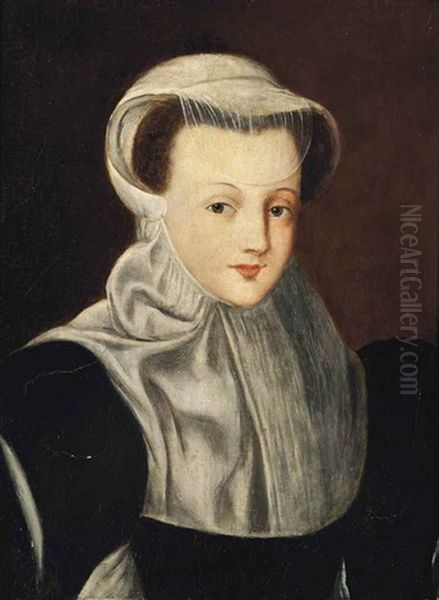 Portrait Of A Lady, Possibly Mary, Queen Of Scots (1542-1587), Half-length, In A Black Dress With White Cap Oil Painting by Francois Clouet