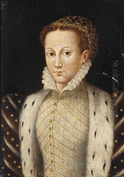 Portrait Of A Lady, Traditionally Identified As Elizabeth Of Valois (1545-1568), Bust-length, In A Gold Embroidered White Dress And Ermine-lined Coat Oil Painting by Francois Clouet