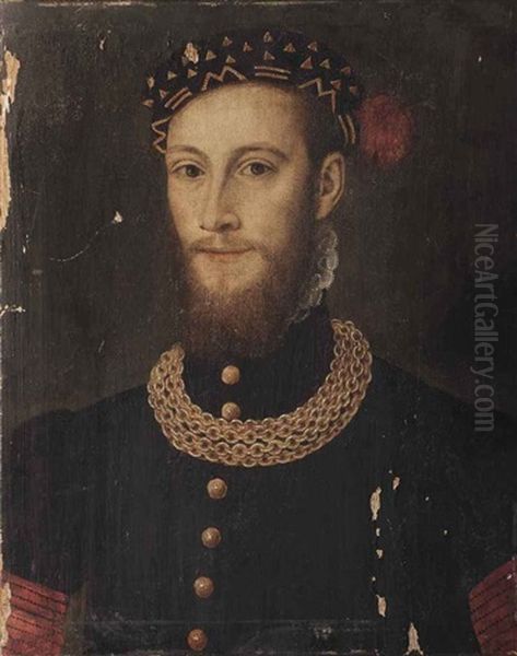 Portrait Of A Bearded Gentleman, Bust-length, In A Black Coat With Gold Buttons And Chain, Wearing A Black Feathered Cap With Gold Embroidery Oil Painting by Francois Clouet