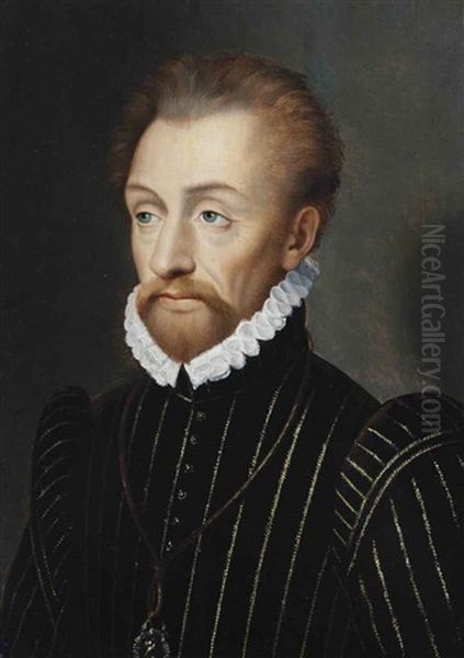 Portrait Of Louis I De Bourbon, Prince De Conde (1530-1569), Half-length, In A Black Embroidered Doublet And White Ruff Oil Painting by Francois Clouet