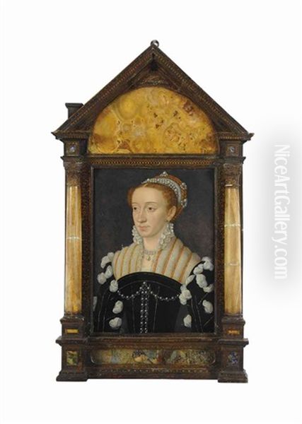 Portrait Of Margaret Of France, Duchess Of Berry, Later Savoia, In A Gold-embroidered And Jewelled Black Dress, The Sleeves Slashed... Oil Painting by Francois Clouet