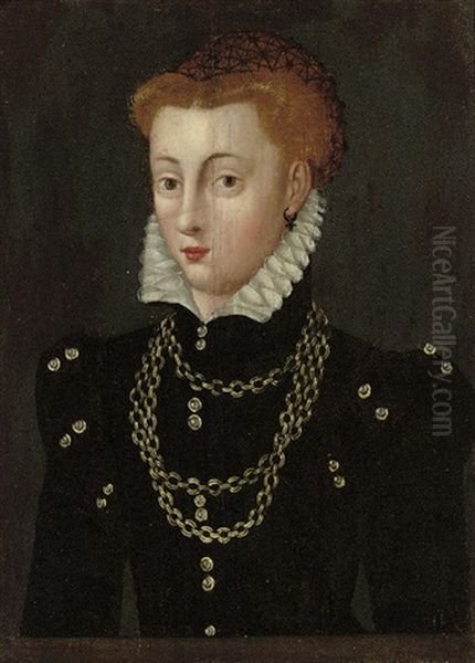 Portrait Of A Lady (mary Queen Of Scots?) In A Black Dress And White Ruff With A Gold Necklace Oil Painting by Francois Clouet