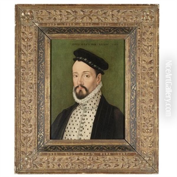 Portrait Of A Bearded Young Man At The Age Of 34, Bust Length, Wearing A Black Cap Oil Painting by Francois Clouet