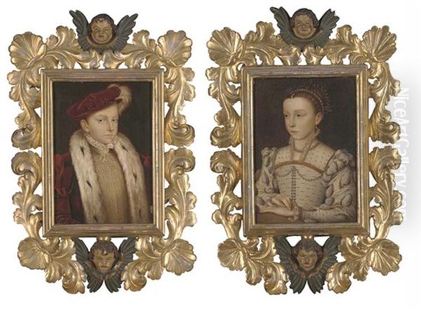 Portrait Of A Young Boy (king Edward Vi?), Small Bust-length, In An Ermine Trimmed Coat And A Red Velvet Cap (+ Portrait Of Young Girl, In A White And Gold Embroidered Dress; Pair) Oil Painting by Francois Clouet