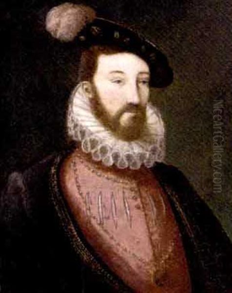 Portrait Of A Bearded Nobleman, In A Pink Slashed Doublet With Ruff And A Black Jacket, Wearing A Medallion And A Black Cap With A Plume Oil Painting by Francois Clouet