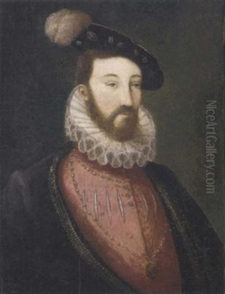 Portrait Of A Bearded Nobleman, In A Pink Slashed Doublet With A White Ruff And A Black Jacket, Wearing A Medallion And A Black Cap Oil Painting by Francois Clouet