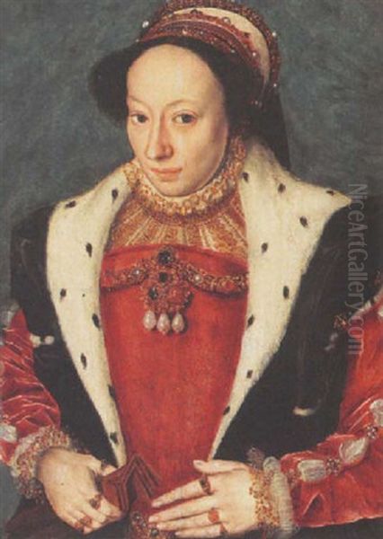 A Portrait Of A Lady Wearing A Red Dress With Lace And Gold Embroidered Collar And Sleeves, A Black Hermelin Trimmed Coat And A Headdress Oil Painting by Francois Clouet