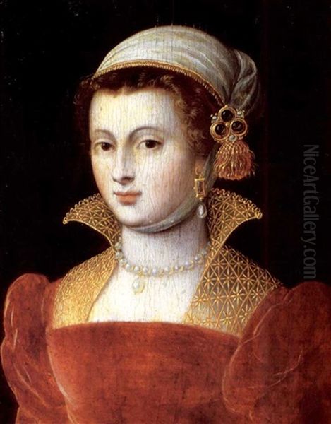 Portrait Of A Lady Wearing A Red Bodice, Pearl Necklace, Earrings And An Elaborate Headdress Oil Painting by Francois Clouet