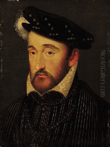 Portrait Of Henri Ii In A Gold-embroidered Black Jacket And A Black Hat With A White Plume Oil Painting by Francois Clouet