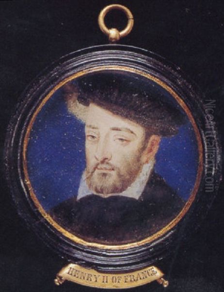 Henri Ii, King Of France, In Black Robes With White Collar, Black Cloth Hat With Feather Oil Painting by Francois Clouet