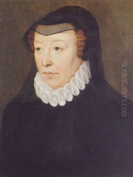 Portrait Of A Lady, (catherine De'medici?), Wearing A Black Dress And A White Ruff by Francois Clouet