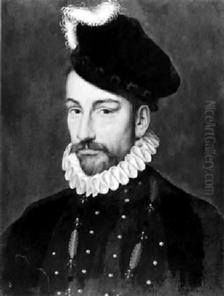 Portrait Of King Charles Ix Of France With A Ruffled Collar, Pearl Drop Earring And A Feathered Beret Oil Painting by Francois Clouet