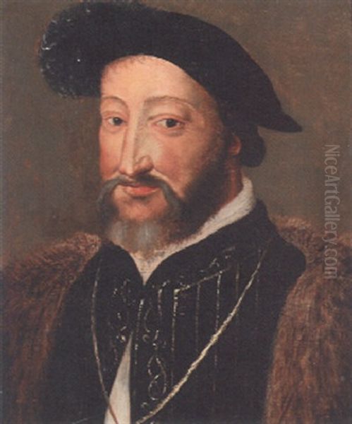 Portrait Of Francois I, King Of France, Bust-length, In A Black Coat With Gold Embroidery And A Black Hat Oil Painting by Francois Clouet