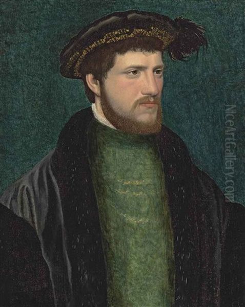 Portrait Of A Man, Half-length, In Green With A Black, Fur-lined Cloak And Black Hat With A Feather Oil Painting by Jean (Jehannet) Clouet