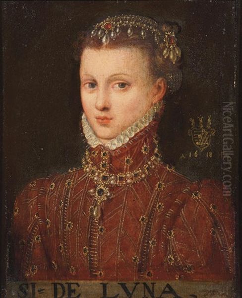 Portrait Of A Lady In An Embroidered Red Velvet Costume Oil Painting by Jean (Jehannet) Clouet