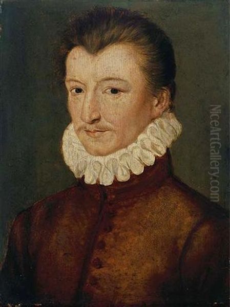 Portrait Of A Nobleman (henri De Lorraine, Duc De Guise, Called Le Balafre?) In A Brown Coat And A White Collar Oil Painting by Jean (Jehannet) Clouet