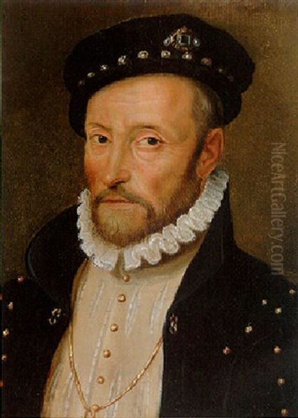 Portrait Of Le Grand Ecuyer Gouffier, Small Bust-length, In A Doublet And Jewelled Coat And Cap Oil Painting by Jean (Jehannet) Clouet