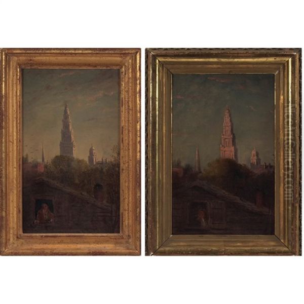 Church Towers In Brooklyn (pair) Oil Painting by George Lafayette Clough