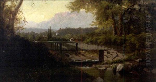 Fisherman On A Bridge Over A Stream Oil Painting by George Lafayette Clough