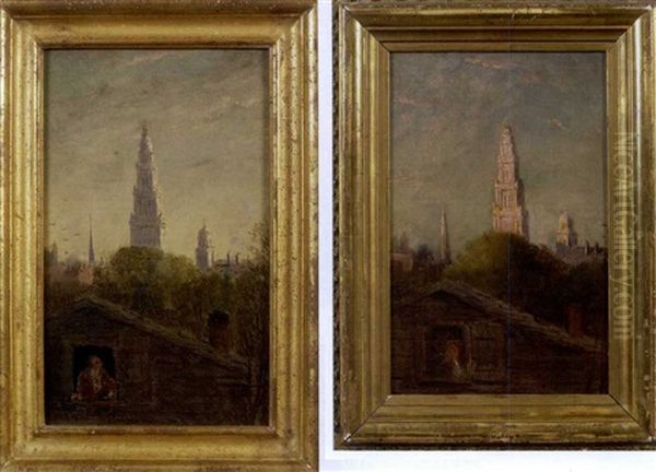 Church Towers In Brooklyn (pair) Oil Painting by George Lafayette Clough