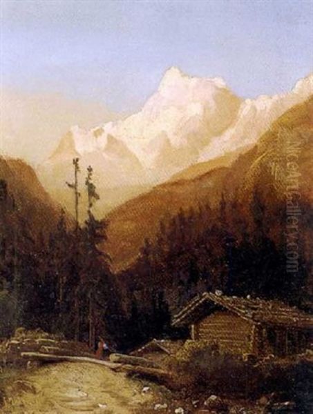 Log Cabin In The Mountains Oil Painting by George Lafayette Clough