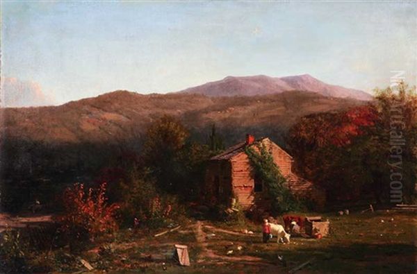 Homesteader's Cabin With Figures Milking Cows Oil Painting by George Lafayette Clough