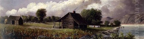 Log Cabin, Lakeshore Oil Painting by George Lafayette Clough