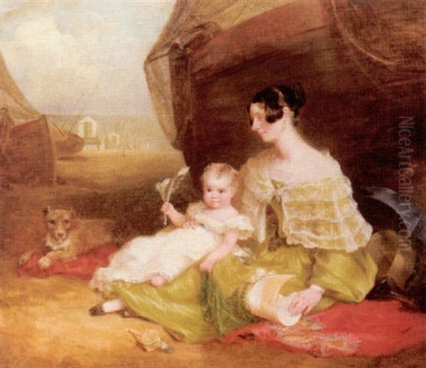 Caroline Preston With A Child On A Beach At Lowestoft Oil Painting by Joseph Clover