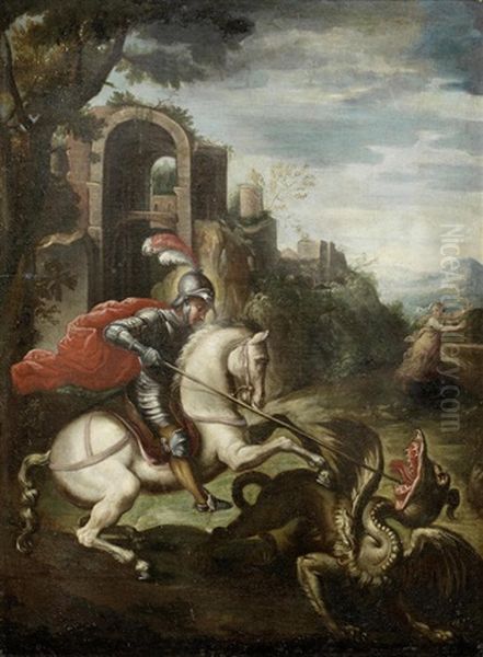 Saint George Slaying The Dragon Oil Painting by Giulio Clovio