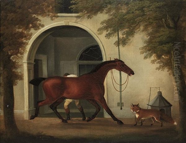 A Groom Rubbing Down A Hunter Outside A Stable, With A Fox Nearby Oil Painting by Daniel Clowes