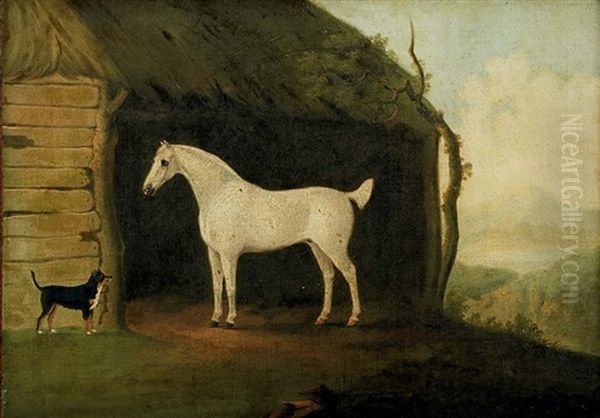 A Grey Hunter With A Terrier Before A Barn, A Landscape Beyond Oil Painting by Daniel Clowes