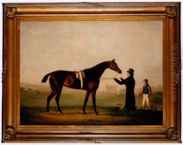 A Bay Racehorse Held By A Trainer, With A Jockey By His Side, The Chapel Of King's College, Cambridge, Beyond Oil Painting by Daniel Clowes