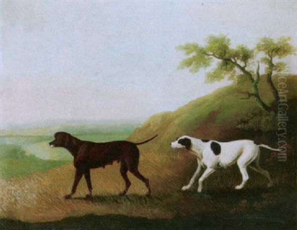 A Liver Pointer And A German Pointer In A Landscape Oil Painting by Daniel Clowes