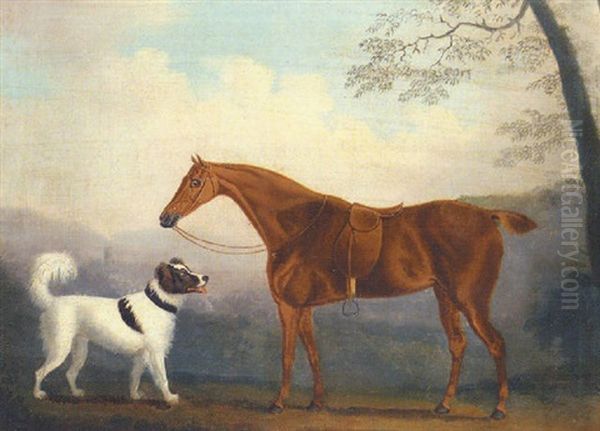 A Chestnut Horse And A Dog In A Landscape Oil Painting by Daniel Clowes